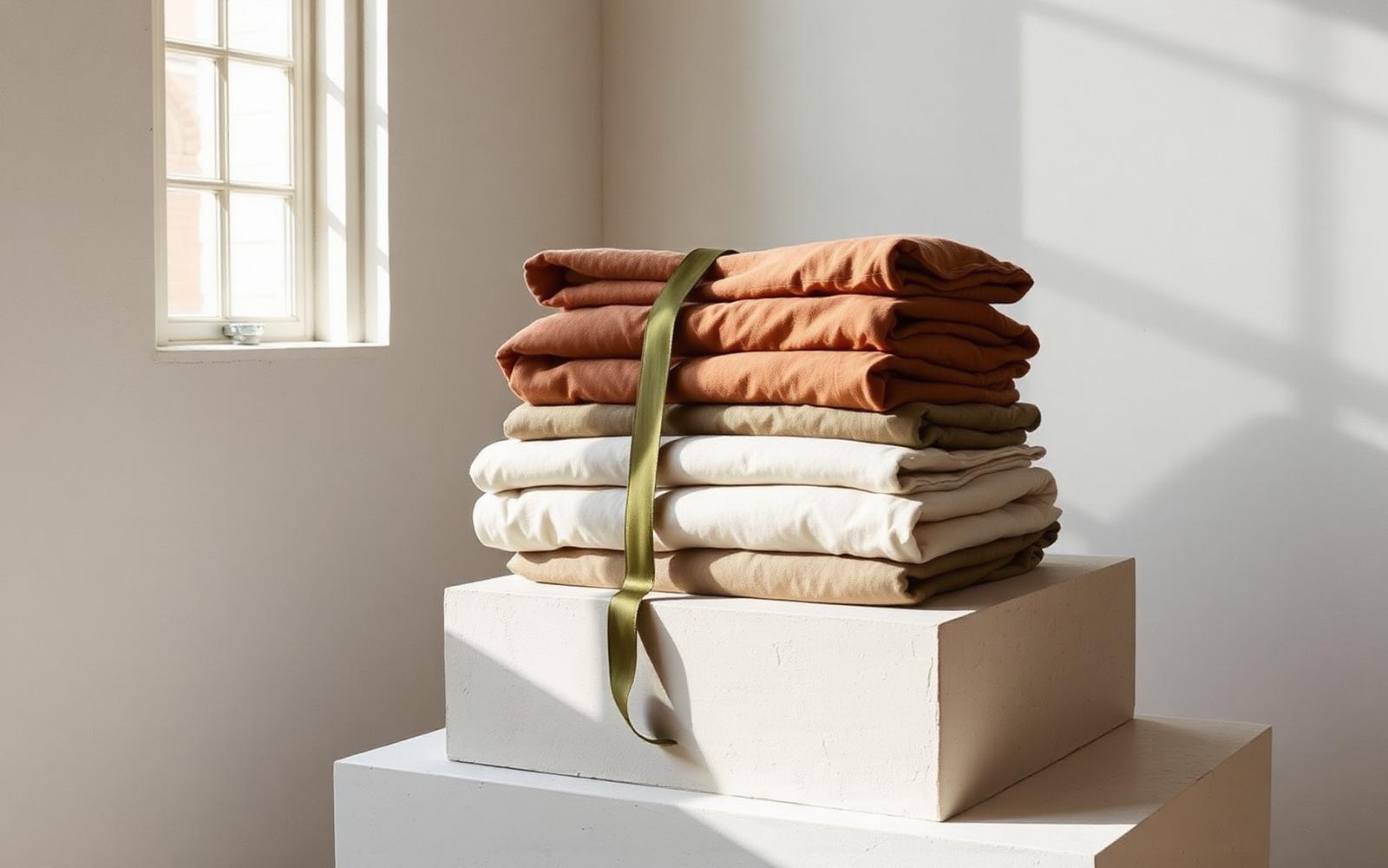 Lookbook — folded pieces with deep olive ribbon